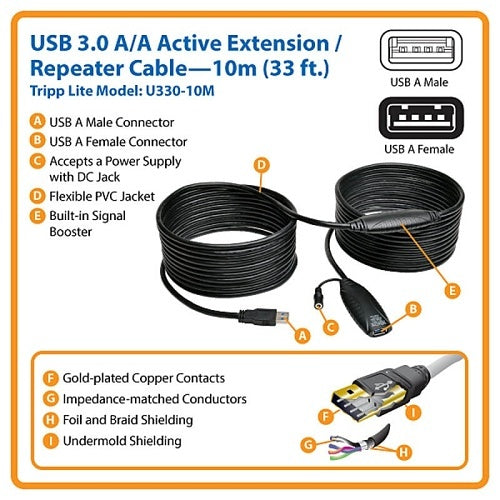 Eaton Tripp Lite U330-10M Active USB 3.0 SuperSpeed (AM/F) Extension Repeater Cable, 33' (10m)