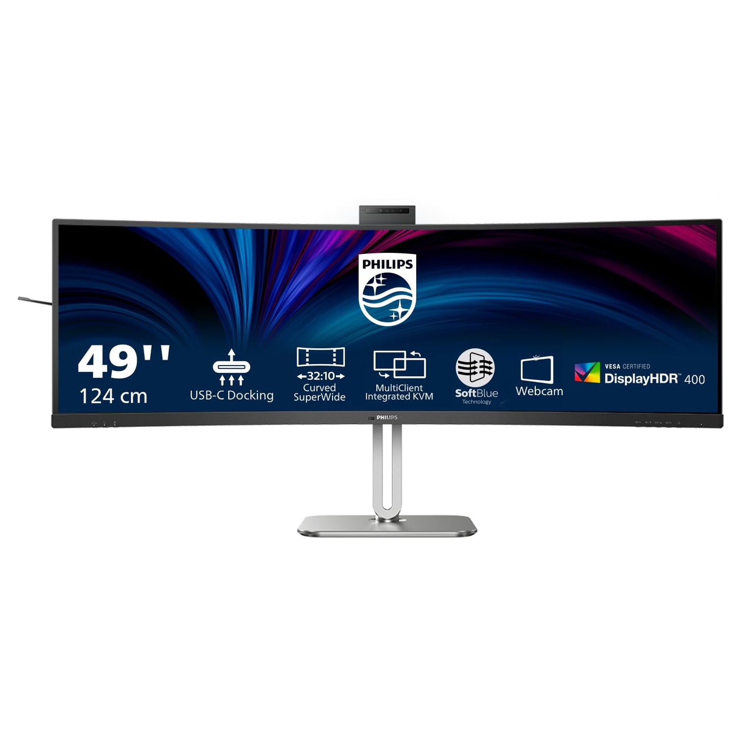 Philips 49B2U6900CH Display - 49 Inch Curved Screen DQHD, Webcam, Microphone, RJ45, Height Adjustable (5120x1440, HDMI, DisplayPort, USB-C, USB Hub) Black