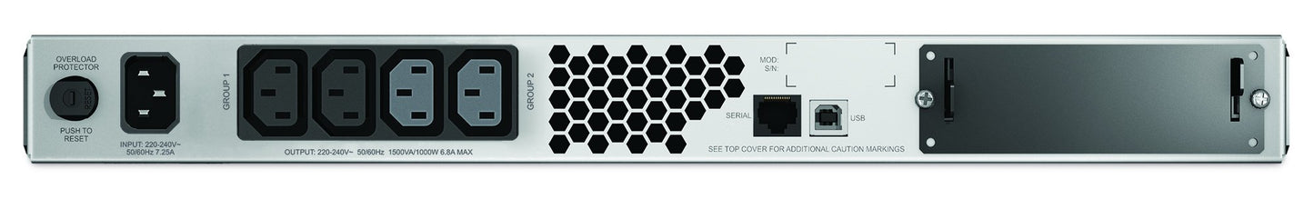 APC Smart-UPS, Line Interactive, 1500VA, Rackmount 1U, 230V, 4x IEC C13 outlets, SmartSlot, AVR, LCD - 1U Rack-mountable - 4 Hour Recharge - 5 Minute Stand-by - 230 V Input - 230 V AC Output - Sine Wa